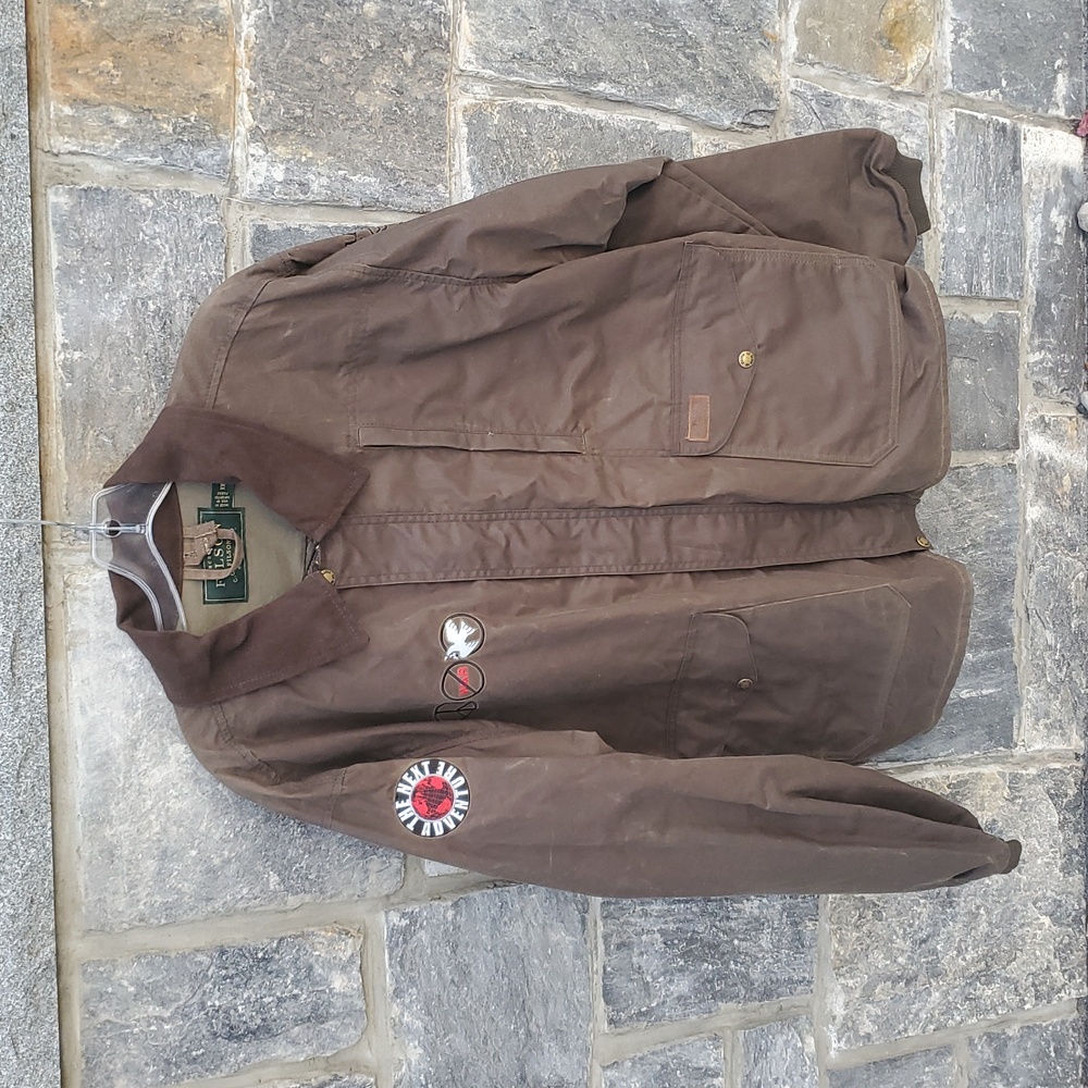 Filson Men's Brown Waxed Cotton Jacket Embroidered Patches Crosby Stills Nash